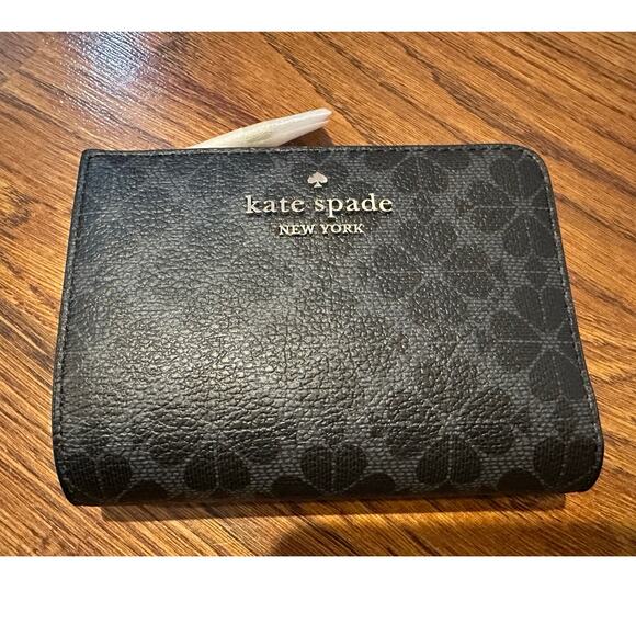Kate Spade New York Leather Wallet Black Spade Flower 5x4 NWT Designer Lux - Picture 1 of 8